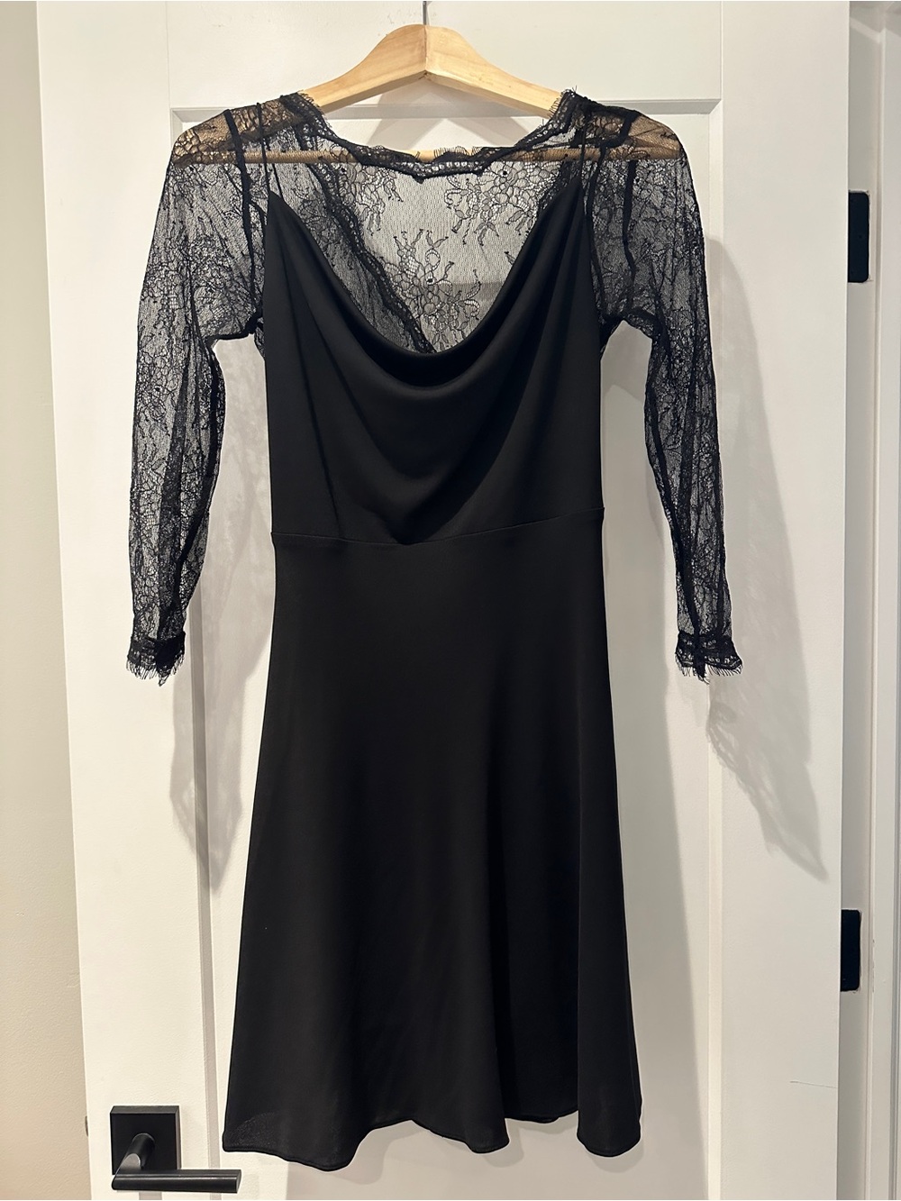 NWOT BCBGMaxAzria Black Cowl-Neck Lace Sleeve Dress